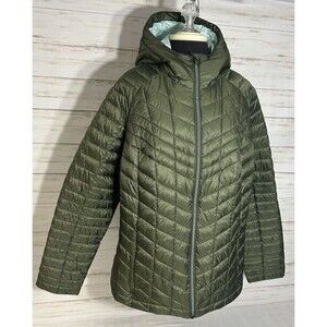 LANDS END Womens LARGE Primaloft Insulated Quilted Jacket Green Full Zip Hooded